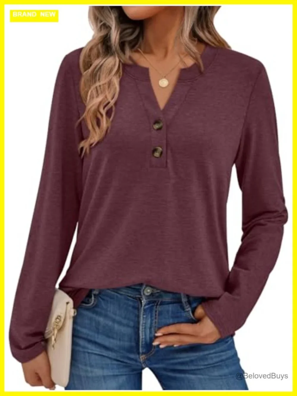 Women's Long Sleeve V-Neck Henley Blouse Loose Fit Dressy Casual Work Top